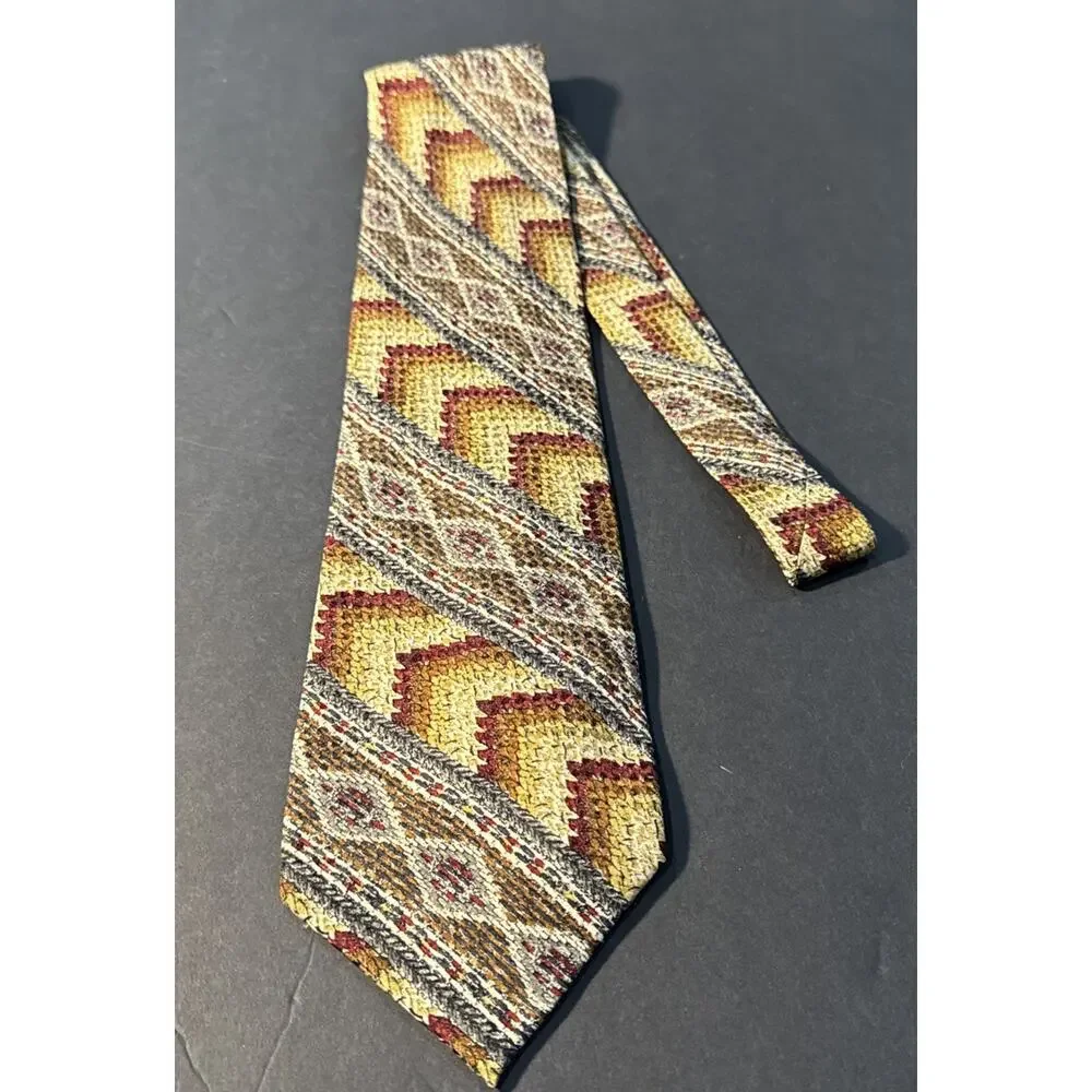 Kent Shop 100% Silk Necktie 4” Wide Retro Handmade Brown Gray Cream Gold‎